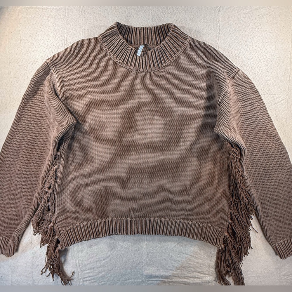 YFB Young Fabulous and Broke Mocha Cotton Luxe Side Fringe Sweater Sz. Medium